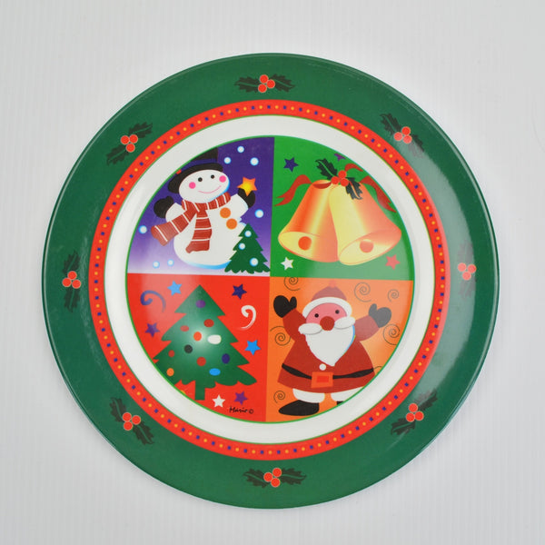 Melamine Christmas Dinnerware Plates Holiday, Snowman, Santa, Tree, Bell - 4 Set