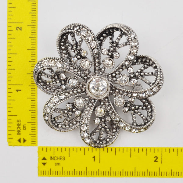 Crystal Filigree Silver Tone Brooch Premier Designs Rhinestone Floral Pin - 2"