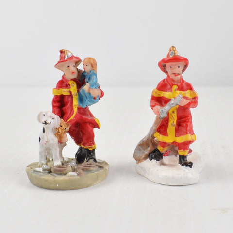 Lot of 2 Holiday Time Christmas Village Fireman Figures - Dalmatian Fire Hydrant