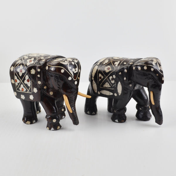 Wooden Elephants Hand Carved Painted Figurine Sculpture Bohemian - Lot of 2