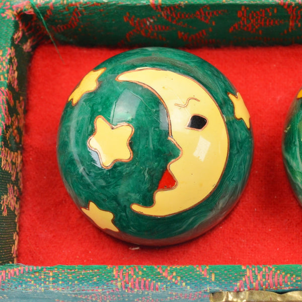 Vintage Sun Moon Musical Chinese Baoding 1.5" Meditation Balls Chimes Silk Box