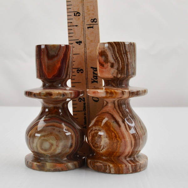 Set Of 2 Natural Alabaster Taper Candle Holders Candlesticks - 4" Marble Stone