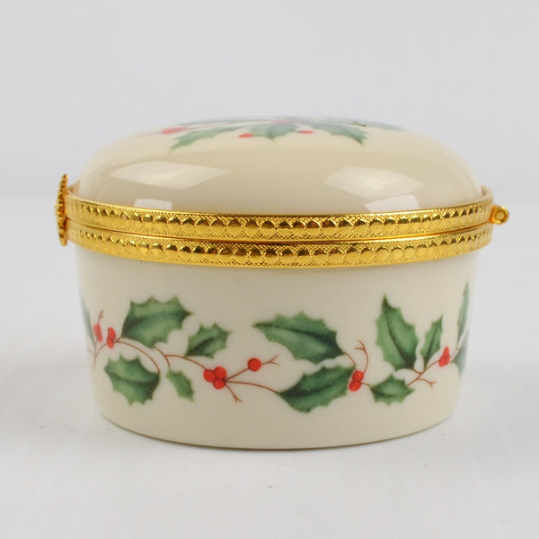 Lenox Porcelain Christmas Hinged Holly Berry Gold Trim Trinket Box 2" Diameter