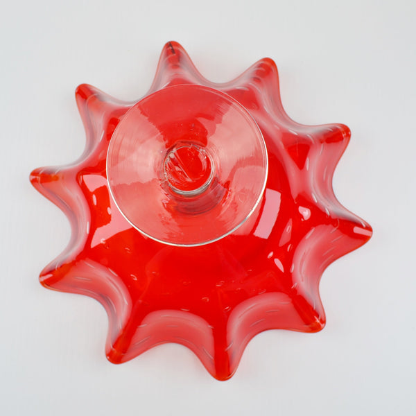 Vintage Red Controlled Bubble Glass Ruffled Pedestal Hand-Blown Fruit Bowl 11”