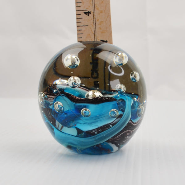 Vintage Paperweight Controlled Bubble Blue Swirl Art Glass Orb Murano Style 3"