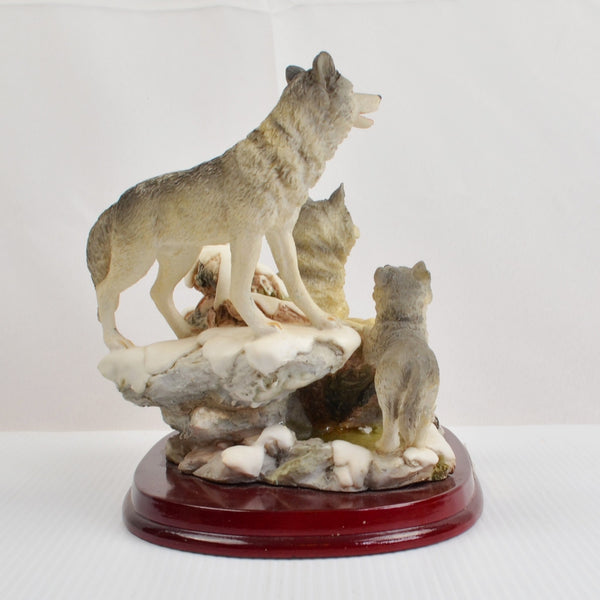 Winter Wolf Pack Family Figurine Large Woodland Scene Wolf Pups Wood Base