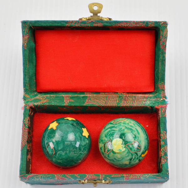 Vintage Sun Moon Musical Chinese Baoding 1.5" Meditation Balls Chimes Silk Box