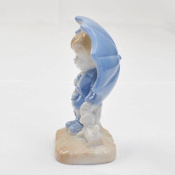 Vintage Blue White Porcelain Japan Farm Country Boy Figurine - Umbrella and Dog