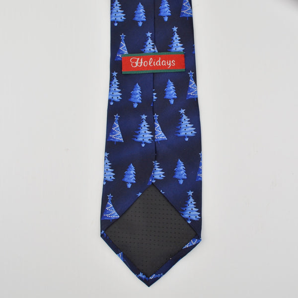 Holiday Mens Necktie Silk Christmas Tie - Blue Christmas Trees Christmas Party