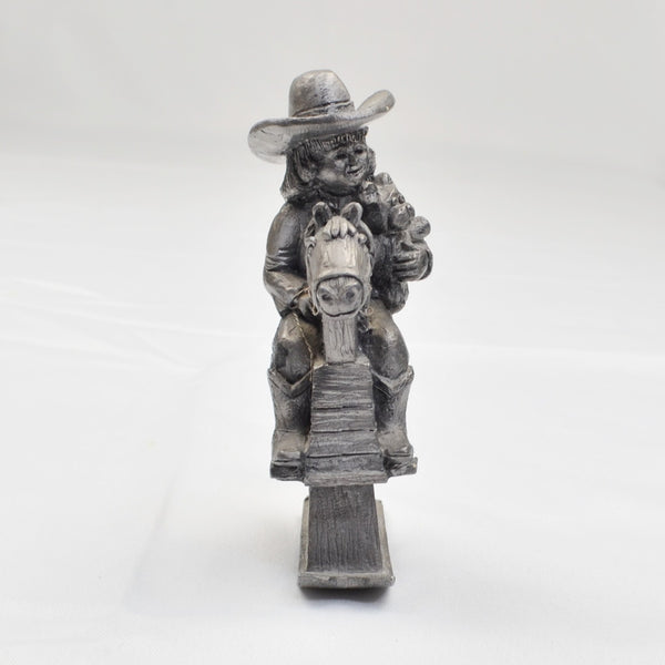 Pewter Cowgirl On Rocking Horse Figurine by Michael Ricker 3057/3500 1982 4.5"