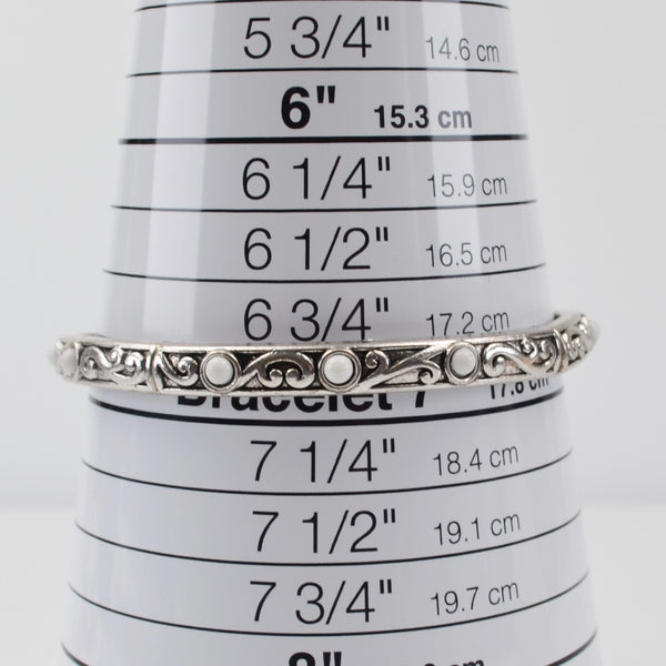 Silver Tone Bar White Bead Stretch Bracelet - Filigree Rectangle Bar Bangle