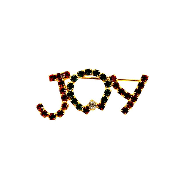 Vintage Christmas Brooch - JOY - Spell-out Rhinestones, Wreath - Gold Tone