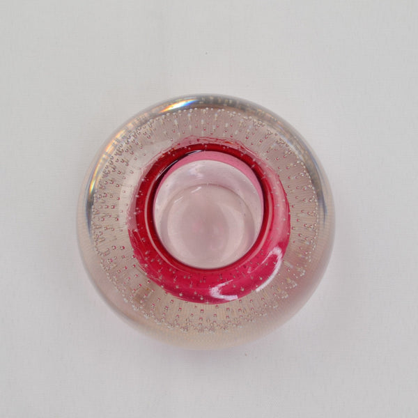 Vtg Hand Blown Pink Bubble Art Glass Crystal Votive Candle Holder Paperweight