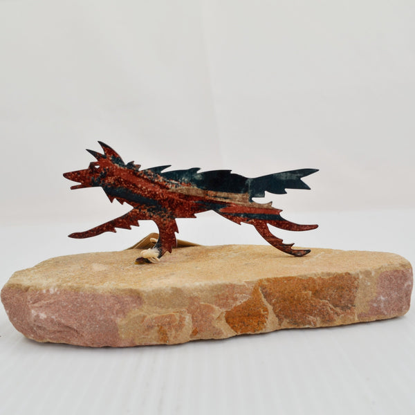 Vintage Lazart Spirit Wolf Robert Shields Metal Wolf on Sandstone Statue w/ Tags