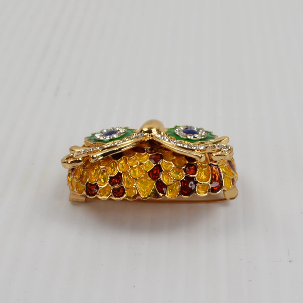 Owl Face Brooch - Large Enamel Crystal Rhinestone Pin - Gold Tone
