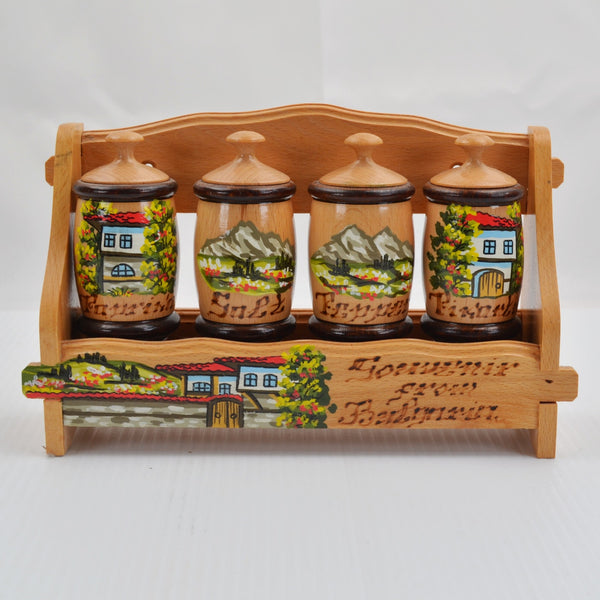 Vintage Souvenir Spice Rack: Bulgaria Wooden Spice Jars - Hand Painted Folk Art