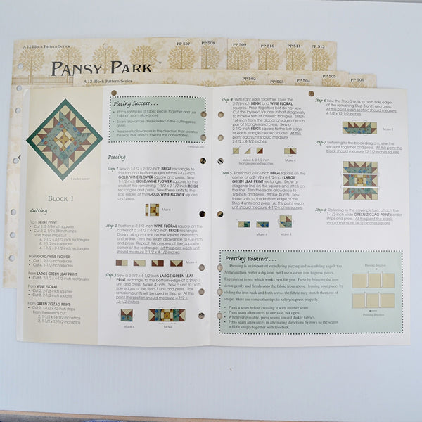 Vintage 2002 Thimbleberries PANSY PARK Complete Set of 12 Quilt Block Patterns