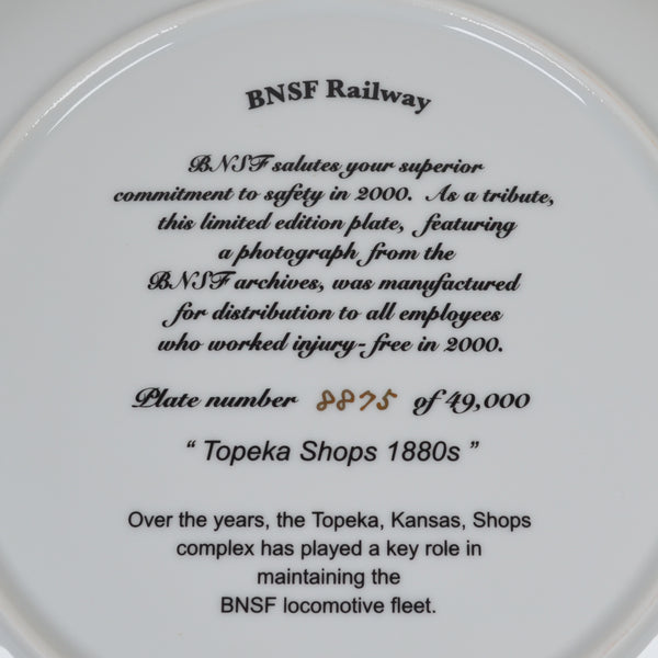 Burlington Northern Santa Fe Railway 2000 Safety Plate - Topeka Shops 1880s