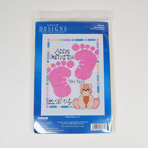 Baby Footprints Counted Cross Stitch Kit - Birth Record - Janlynn 5" x 7" NEW