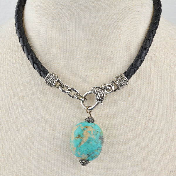 Barse Braided Leather Turquoise Drop Necklace - Choker, Pendant, Dangle