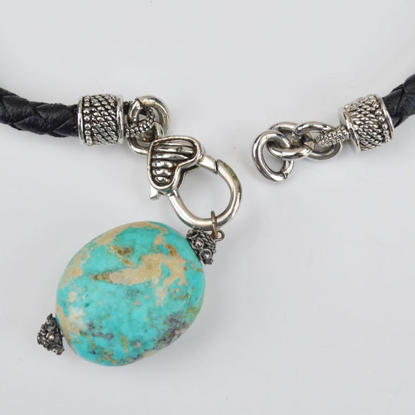 Barse Braided Leather Turquoise Drop Necklace - Choker, Pendant, Dangle