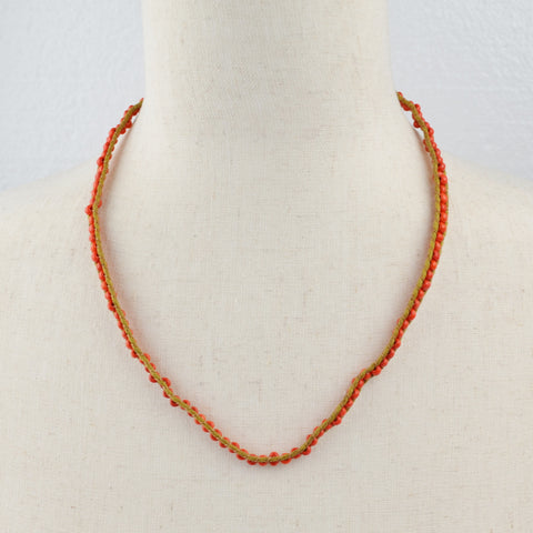 Beaded Cord Button Closure Necklace - Coral Beads, Boho, Ethnic, Statement 21"