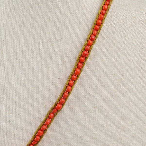 Beaded Cord Button Closure Necklace - Coral Beads, Boho, Ethnic, Statement 21"