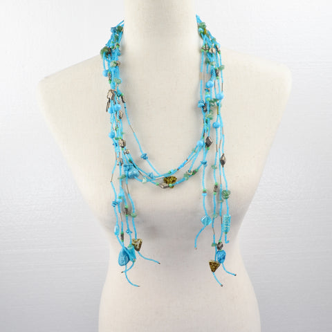 Blue Seed Beaded Open Long Wrap Necklace 62" - Hippie, Boho, 3 Strand, Tassel