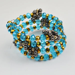 Beaded Wire Wrap Bracelet - Blue Gold Beads, Rhinestone, Layered Coil