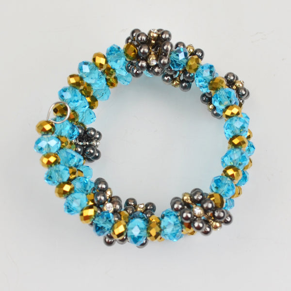 Beaded Wire Wrap Bracelet - Blue Gold Beads, Rhinestone, Layered Coil