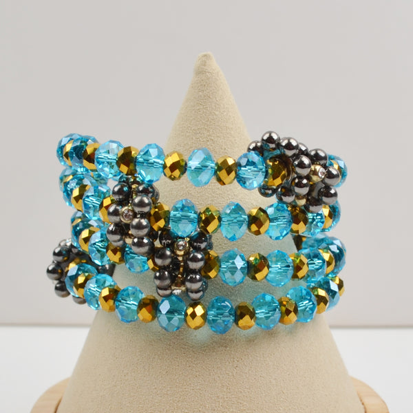 Beaded Wire Wrap Bracelet - Blue Gold Beads, Rhinestone, Layered Coil