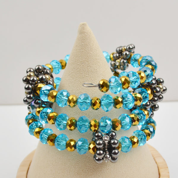 Beaded Wire Wrap Bracelet - Blue Gold Beads, Rhinestone, Layered Coil