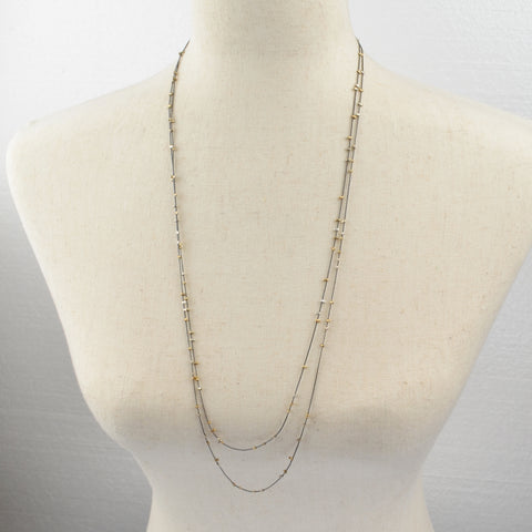 Long Gunmetal Gray Chain Necklace, Gold and Silver Tone Beads, Wrap Layers 60"