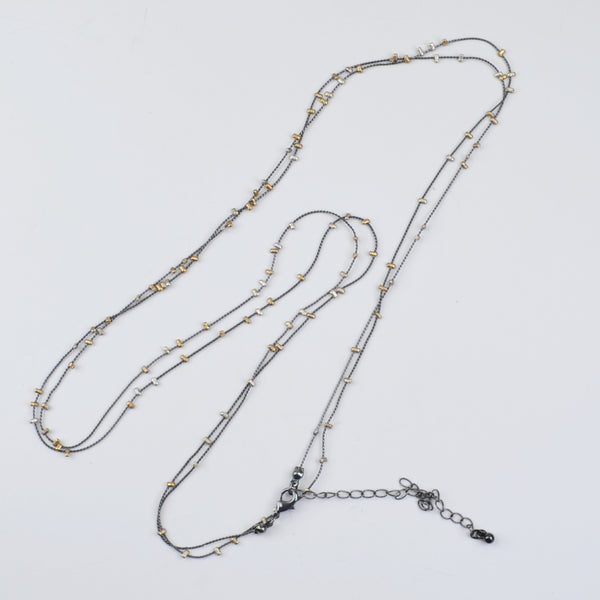 Long Gunmetal Gray Chain Necklace, Gold and Silver Tone Beads, Wrap Layers 60"
