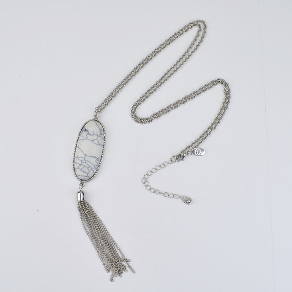 Charming Charlie Long Tassel Pendant Necklace, Silver Tone Chain, Statement 30"