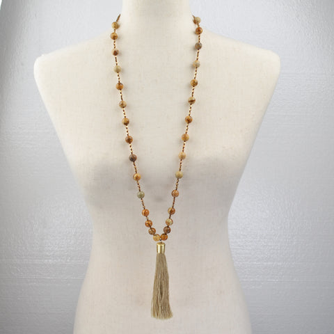 Glass Bead Long Tassel Necklace, Boho, Ethic, Brass Tone Beads, Marble 35"