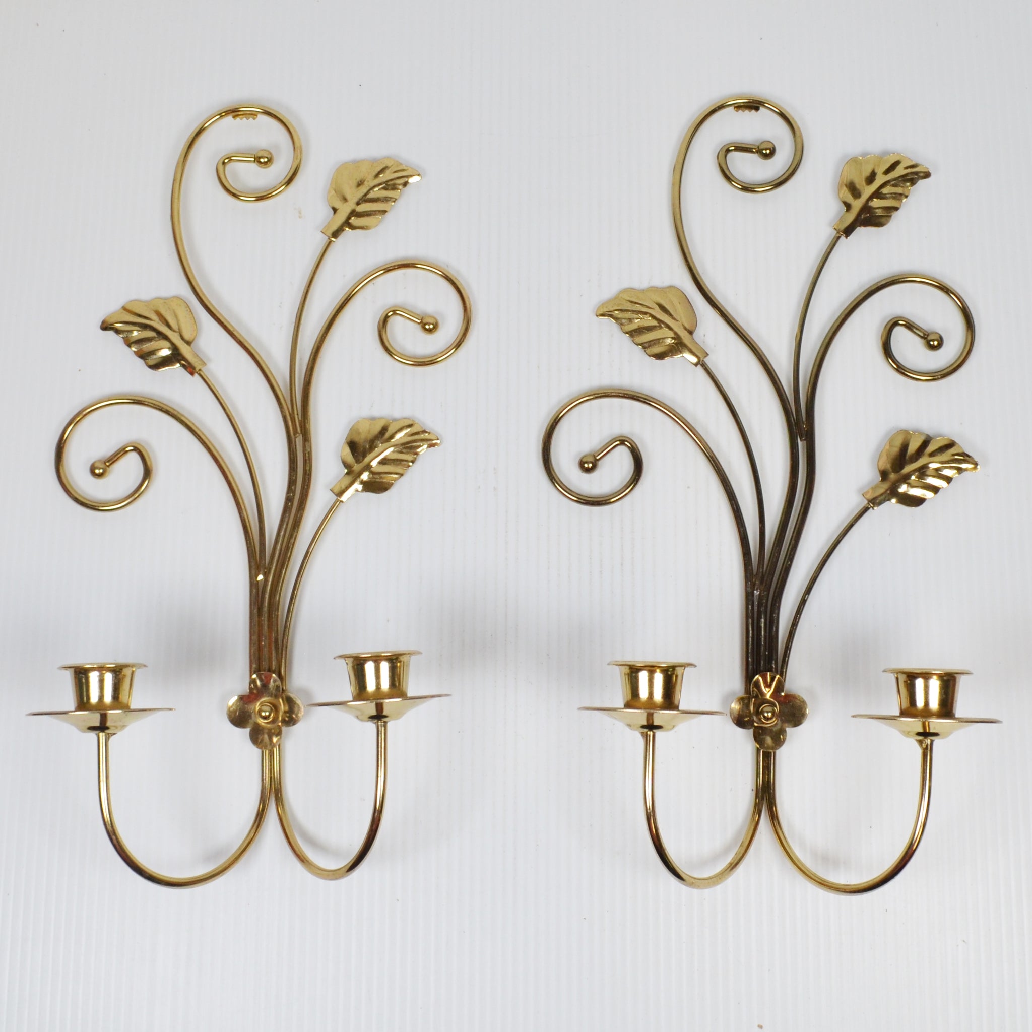 Vintage Lot of 2 Gold Tone Metal Candle Holder Wall Sconce Double 14" x 8"