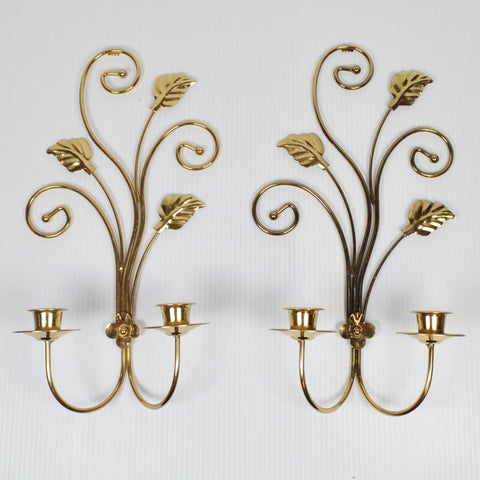 Vintage Lot of 2 Gold Tone Metal Candle Holder Wall Sconce Double 14" x 8"