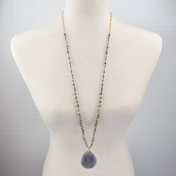 Faceted Bead Long Pendant Necklace, Gray Drop Stone, Gold Tone Chain, Statement 34"