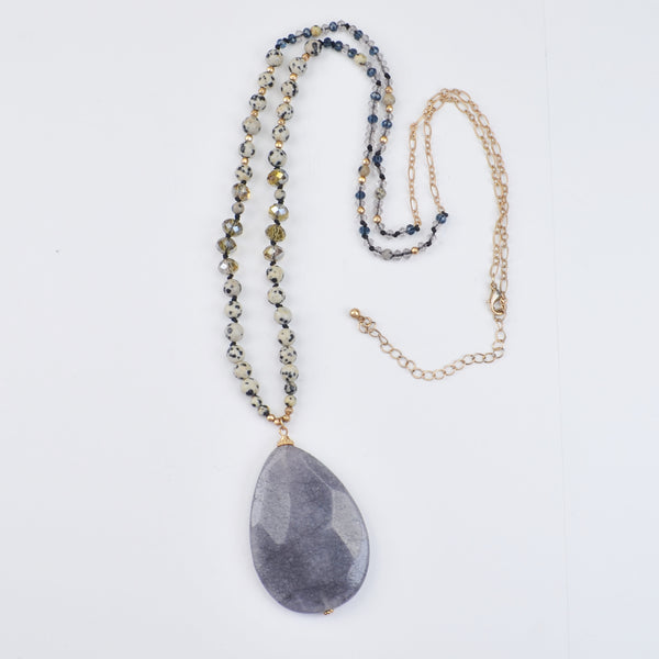 Faceted Bead Long Pendant Necklace, Gray Drop Stone, Gold Tone Chain, Statement 34"