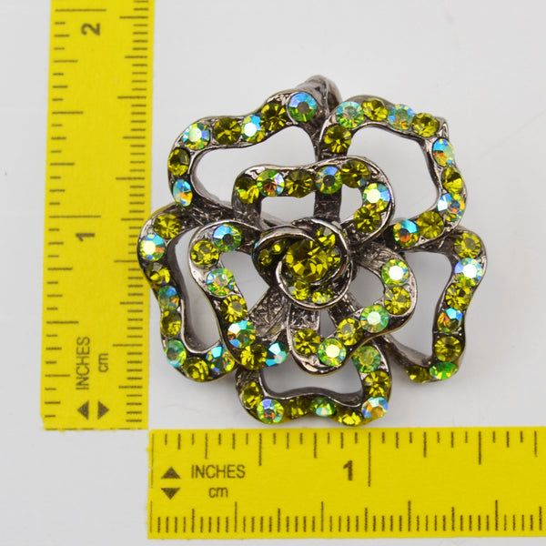Flower Rhinestone Brooch Pin Pendant Floral - Green Iridescent Crystal