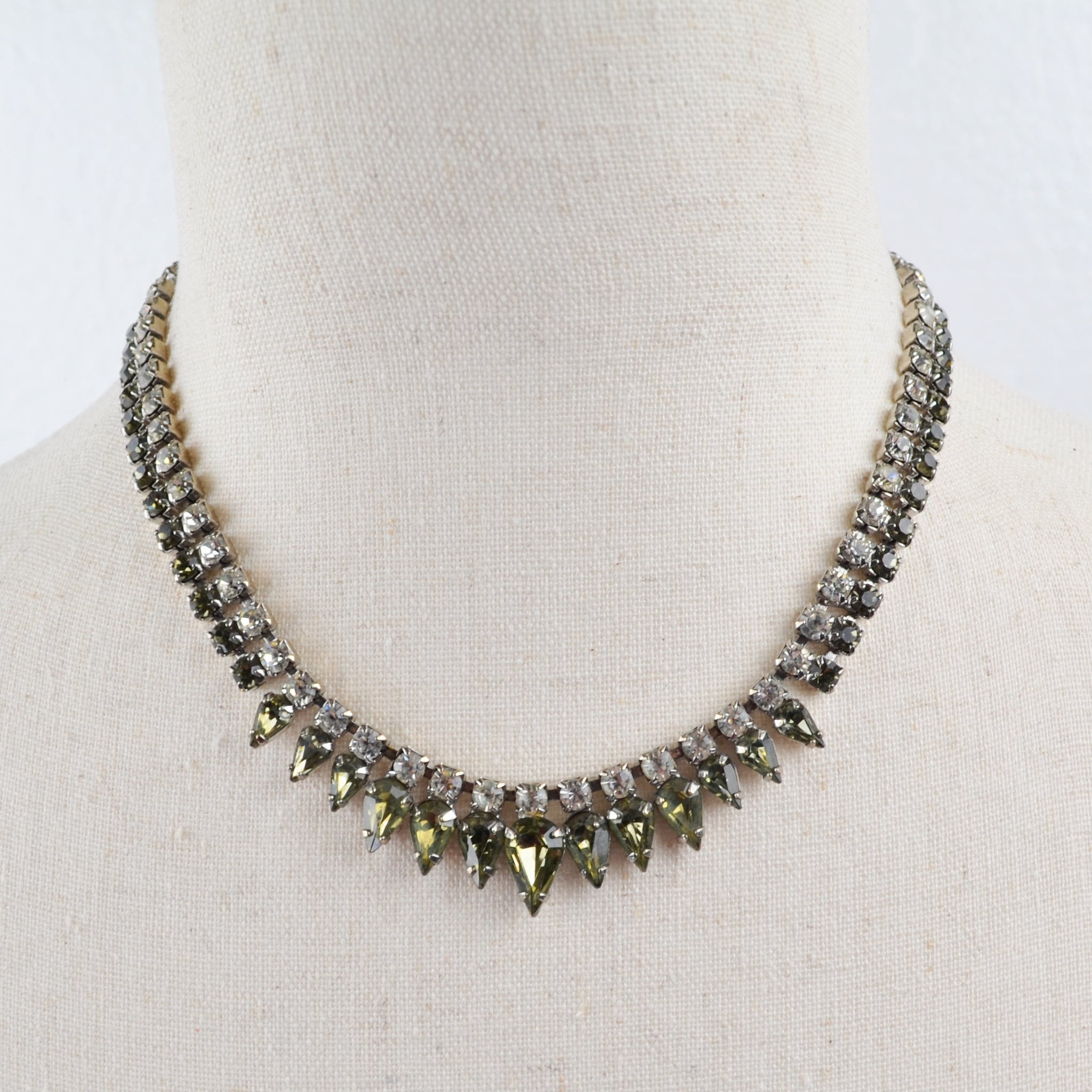 Vintage Green Rhinestone Necklace - Silver Tone, Bib, Choker, Statement, Estate