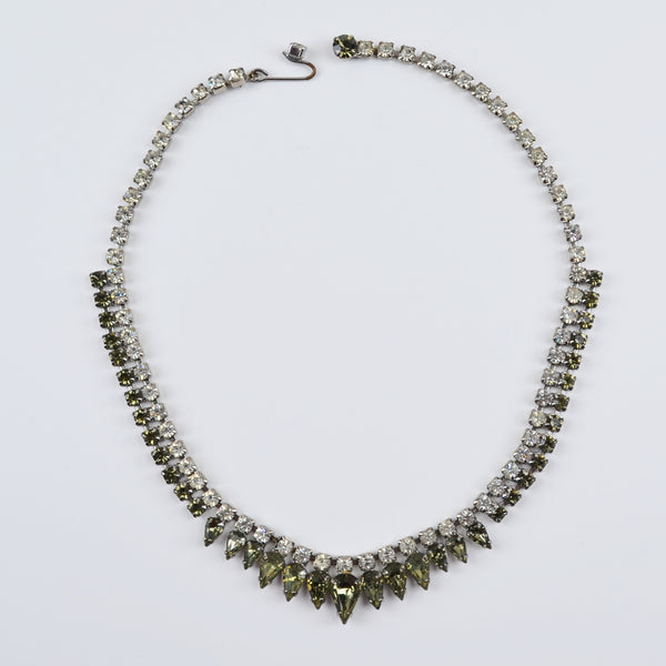 Vintage Green Rhinestone Necklace - Silver Tone, Bib, Choker, Statement, Estate