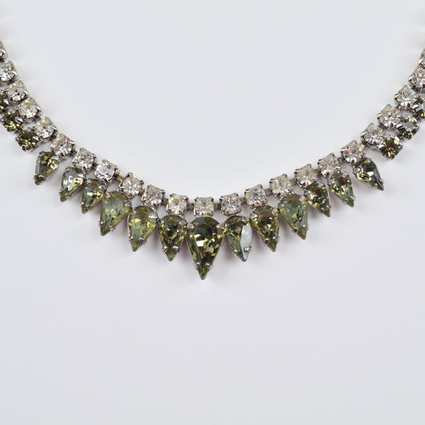 Vintage Green Rhinestone Necklace - Silver Tone, Bib, Choker, Statement, Estate