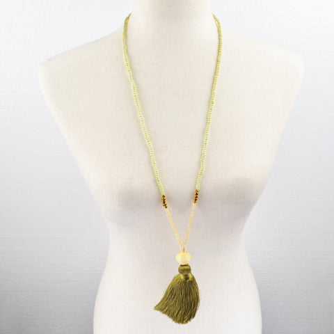 Long Tassel Pendant Beaded Necklace - Boho, Statement, Green 34"
