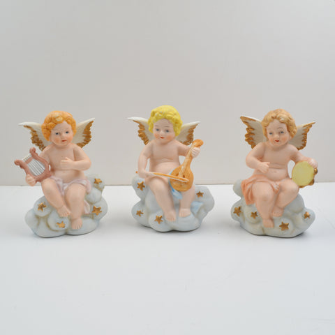 Vintage Angel Figurines Cherub Musicians Porcelain Bisque Clouds - HOMCO 8883