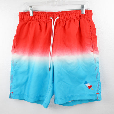 Lands End Mens Swim Trunks - Board Shorts Size M 32-34 Blue Red - Mesh Lined