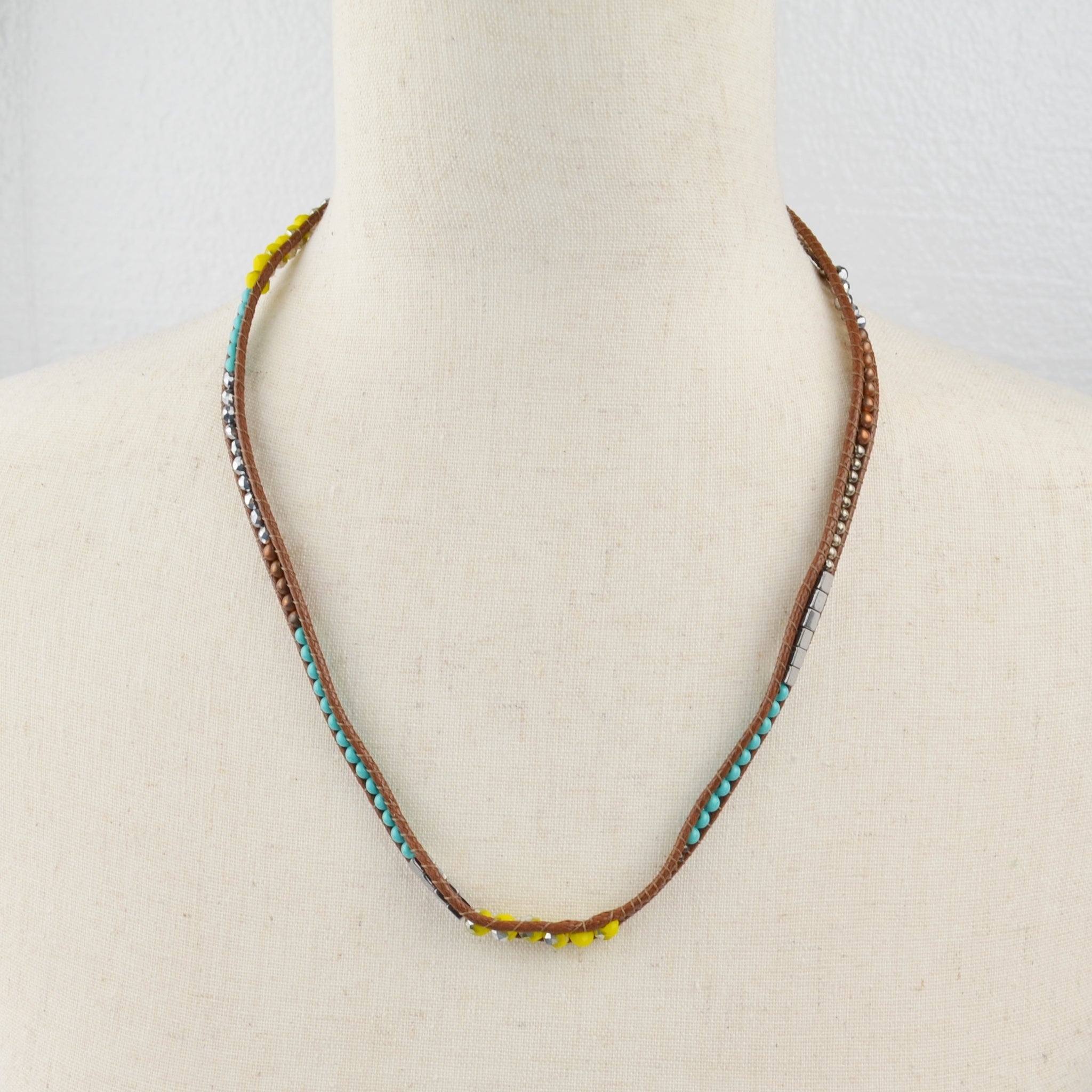 Beaded Cord Button Closure Necklace - Faux Turquoise, Boho, Ethnic, Statement