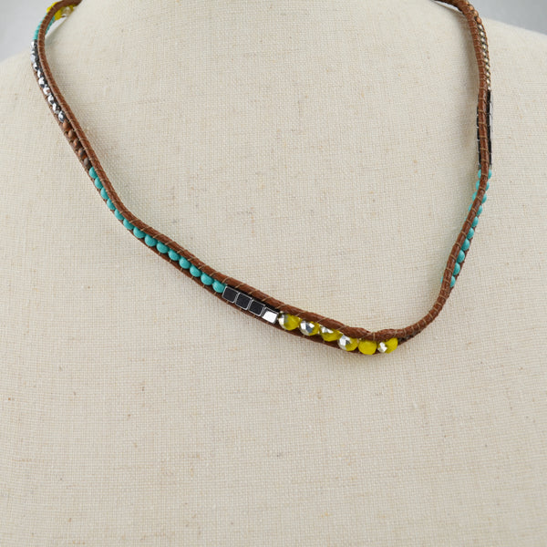 Beaded Cord Button Closure Necklace - Faux Turquoise, Boho, Ethnic, Statement