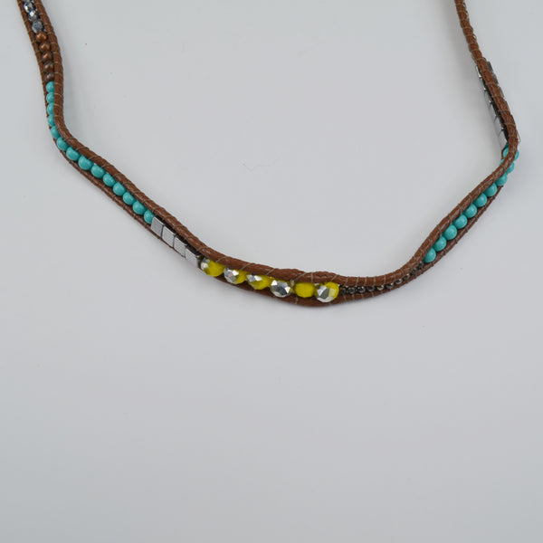 Beaded Cord Button Closure Necklace - Faux Turquoise, Boho, Ethnic, Statement